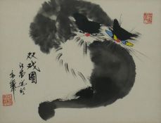 A framed and glazed Japanese ink drawing of two cats. With Japanese characters and artists seal. H.