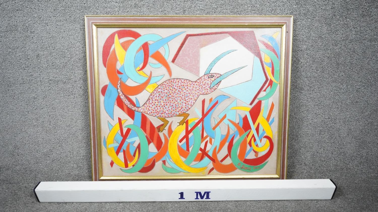 A framed colourful abstract oil on canvas, indistinctly signed, dated 2000. H.72 W.63 - Image 7 of 7