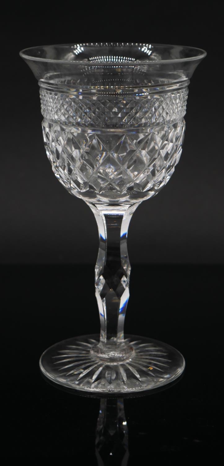 Five hand cut lead crystal sherry glasses. With crosshatched design, star cut bases and flared rims. - Image 2 of 5