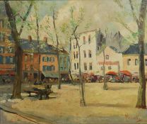 An oil on board in carved frame of a Continental market square with cafe. Signed Marinelli.
