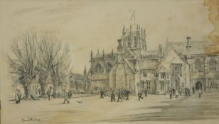 An unframed pencil drawing of Sherborne School with trees and figures, signed Dennis Handen,