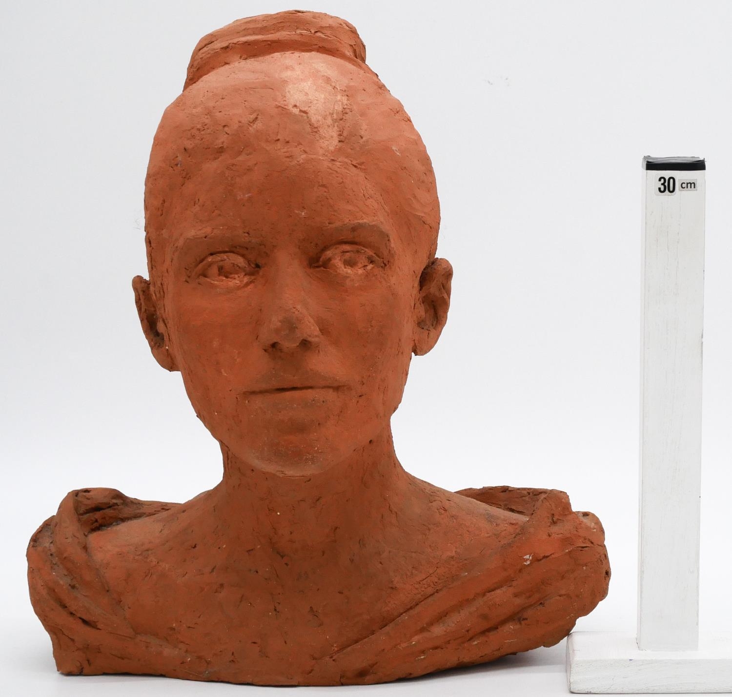 A sculpted terracotta bust of a female figure in evening dress. Monogrammed. H.38cm - Image 5 of 6