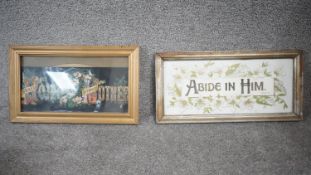 Two framed and glazed antique posters on paper, Abide in Him, embossed paper with lilies and