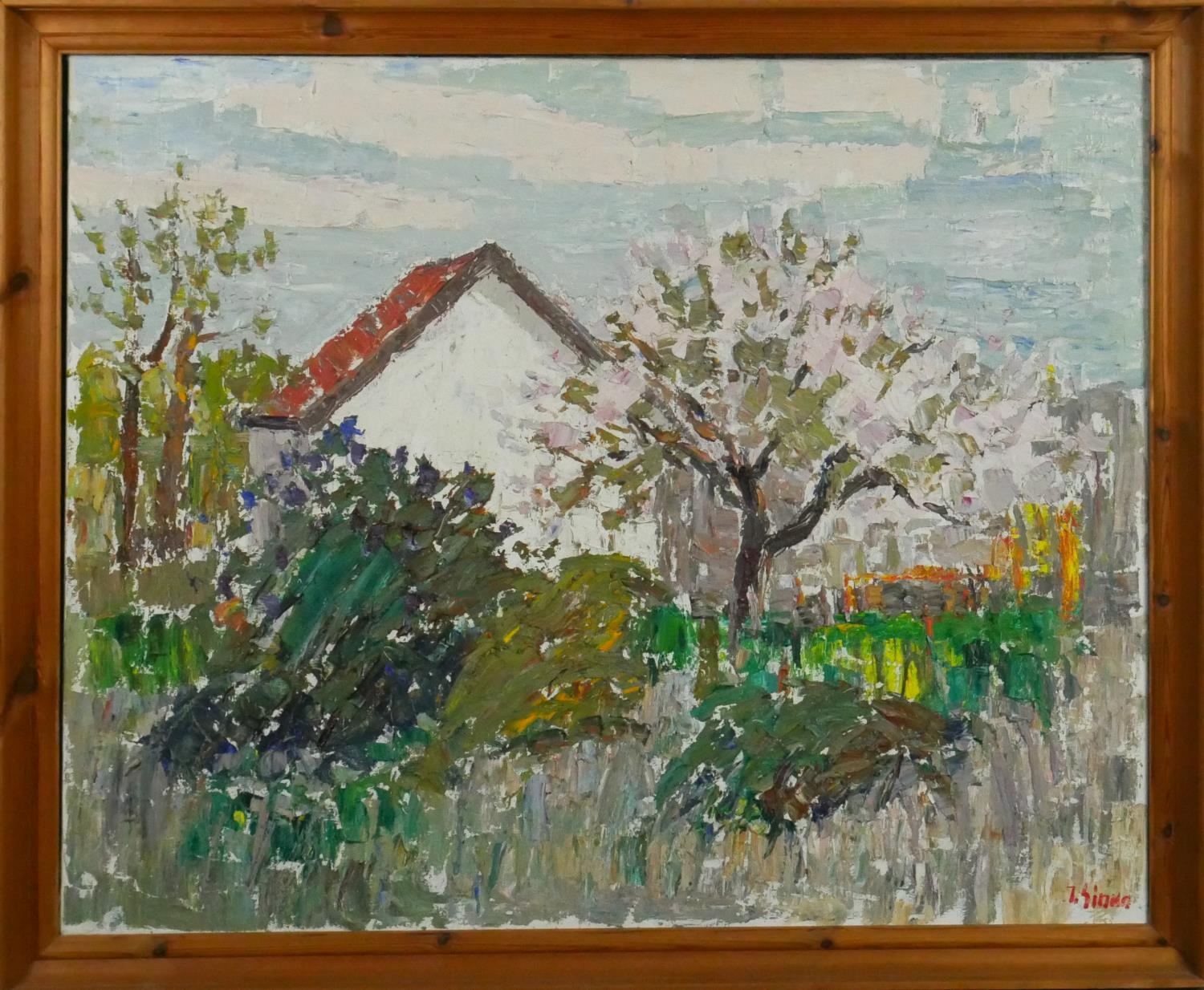 A framed oil on canvas, house in a garden signed I Sinka and inscribed to the reverse. H.90 W.110cm - Image 2 of 8