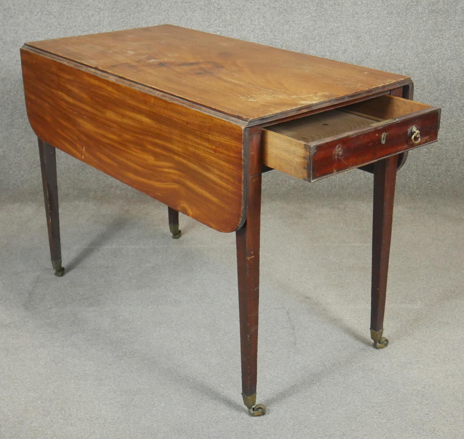 A 19th century mahogany, satinwood and ebony strung drop flap Pembroke table on square tapering - Image 2 of 6