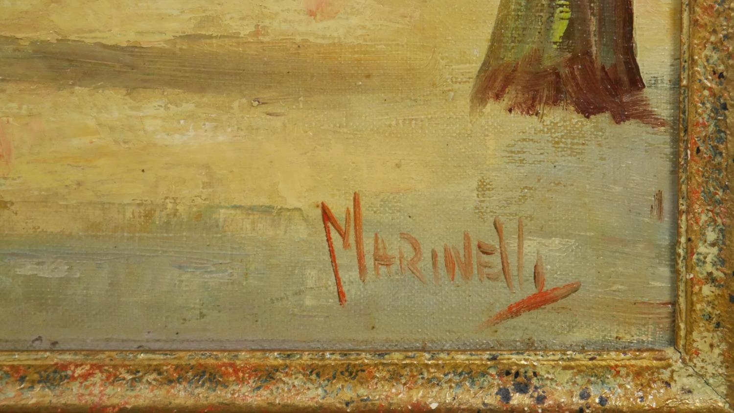 An oil on board in carved frame of a Continental market square with cafe. Signed Marinelli. - Image 3 of 7