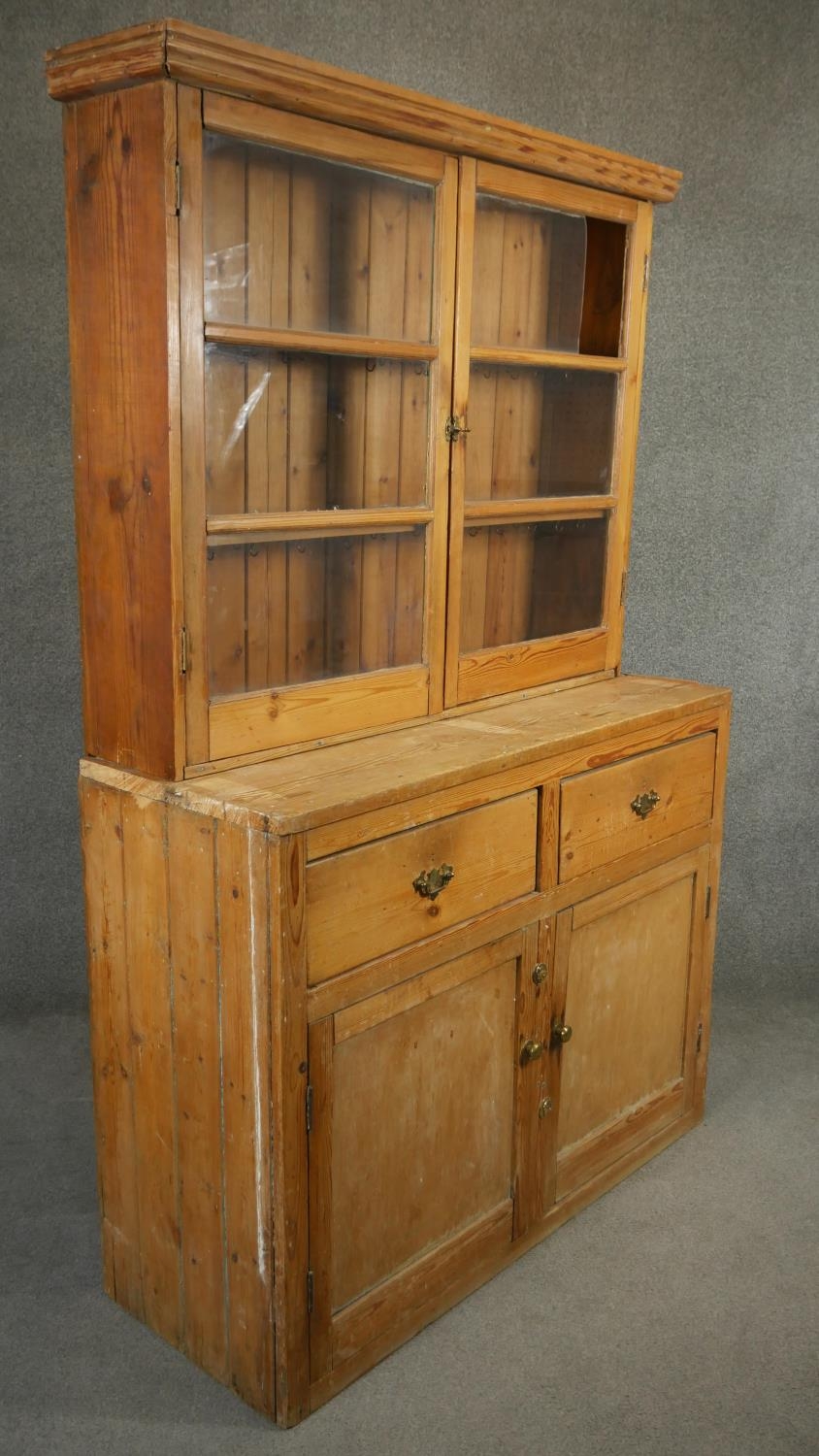 A vintage pine kitchen dresser with glazed upper section above drawers and cupboards. H.186 W.117 - Image 3 of 6