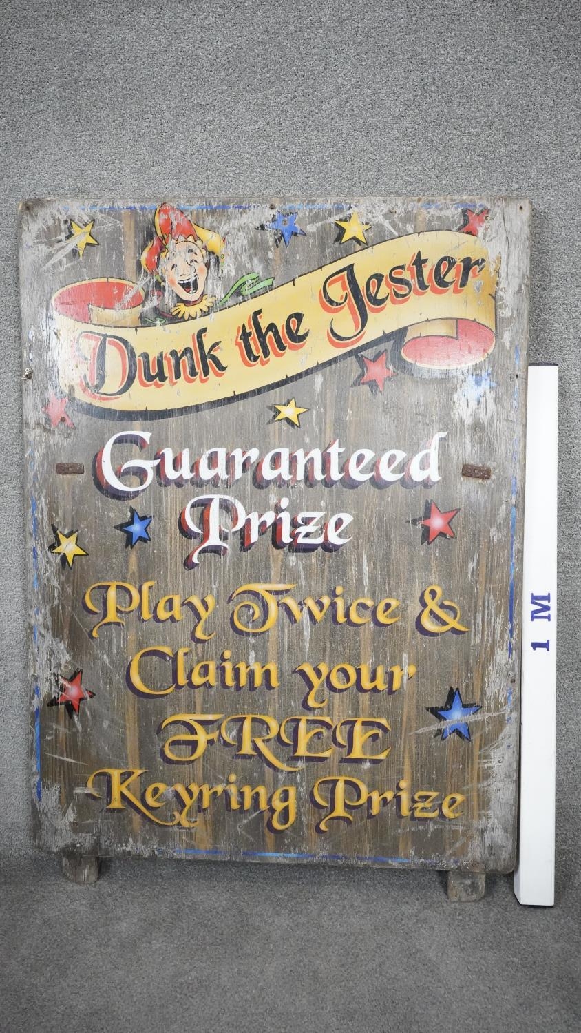 A vintage wooden painted fairground sign. Dunk the Jester. H.128 W.91cm - Image 4 of 4