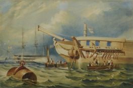 A framed and glazed 19th century watercolour of sailing boats with crew going ashore. Unsigned. H.35