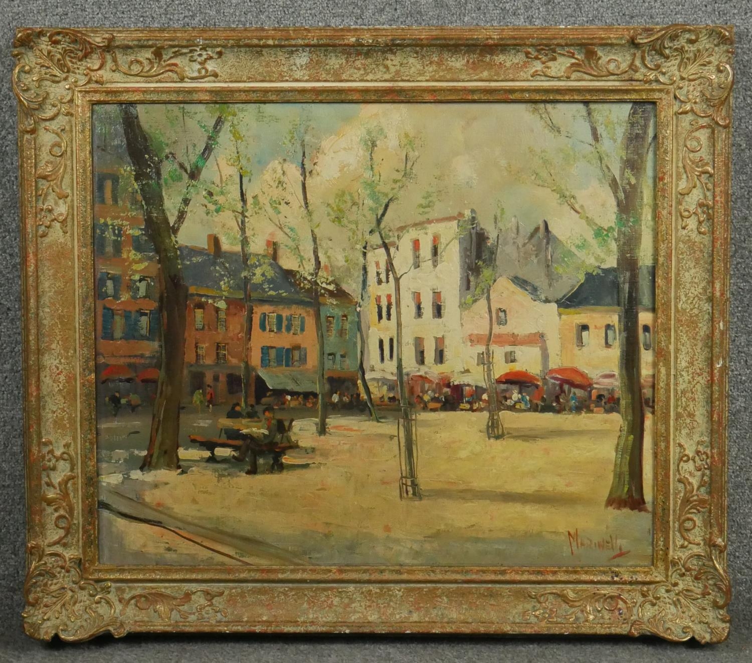 An oil on board in carved frame of a Continental market square with cafe. Signed Marinelli. - Image 2 of 7