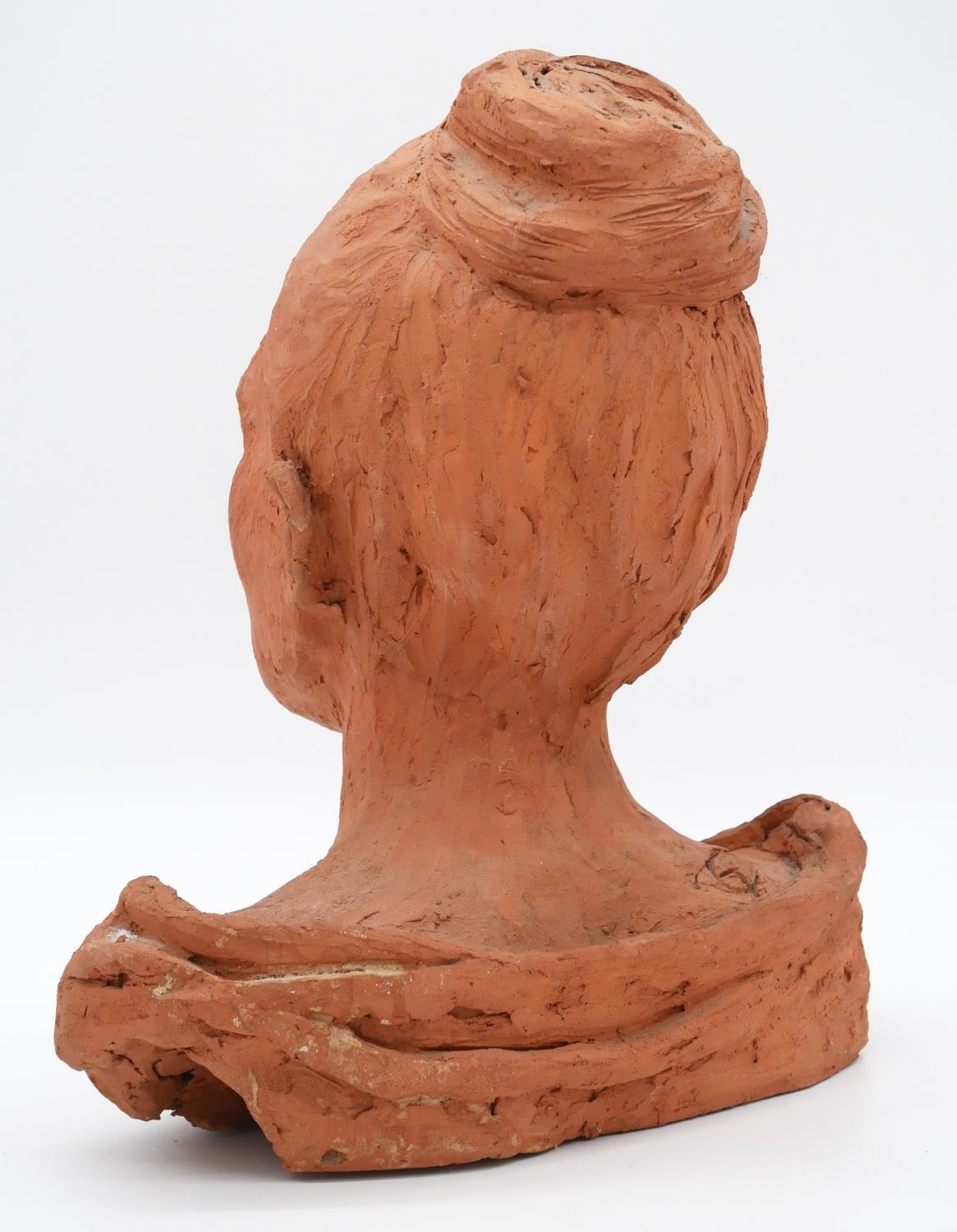 A sculpted terracotta bust of a female figure in evening dress. Monogrammed. H.38cm - Image 3 of 6