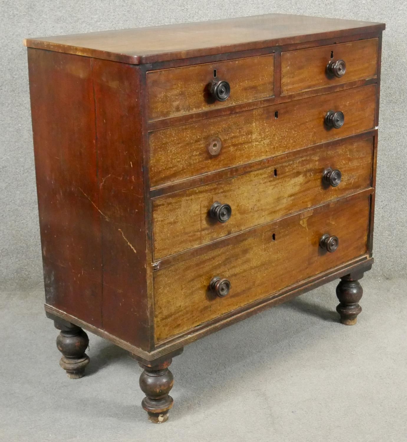 A 19th century mahogany chest of drawers on turned supports. H.103 W.102 D.52cm - Image 2 of 4