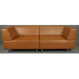 A contemporary Hay 'Mags' two section modular sofa upholstered in light tan leather. H.78 L.220 D.