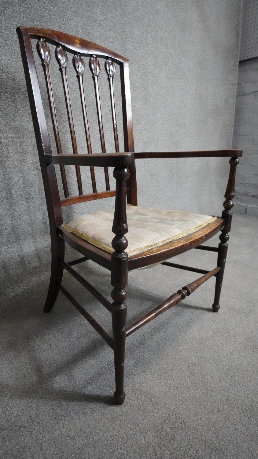 A late 19th century mahogany and satinwood inlaid armchair with Art Nouveau style tulip carved - Image 3 of 4