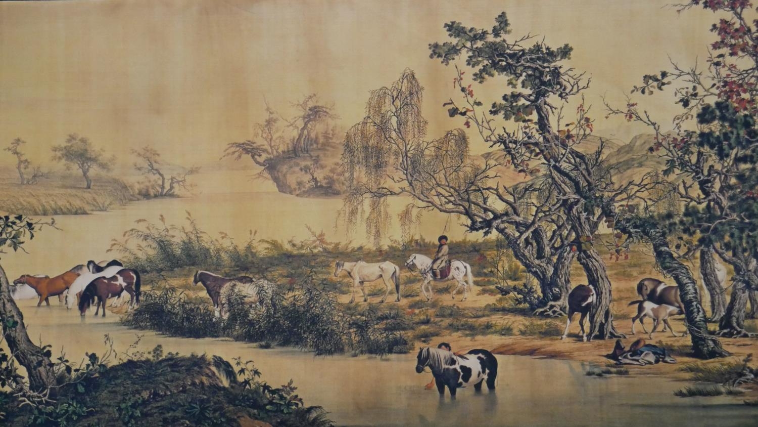 A printed Chinese scroll of a landscape with horses. L.264 W.34cm - Image 5 of 12