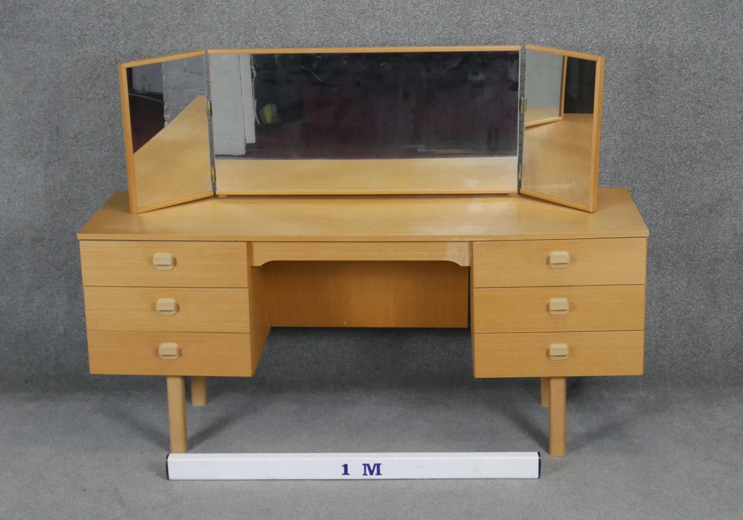 A vintage teak dressing table with adjustable triple vanity mirrors. H66 W150 D44 - Image 2 of 3