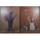 Two very large prints on board of floral still life oil paintings. H.180 W.130cm