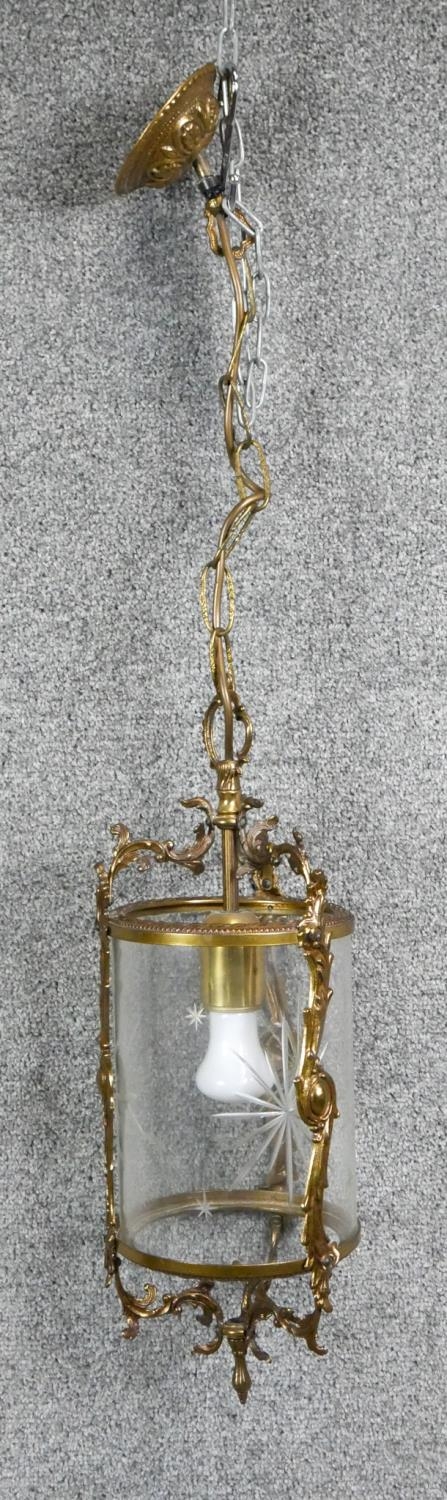 A victorian style brass and engraved glass ceiling lantern along with a vintage enamel desk lamp - Image 3 of 4