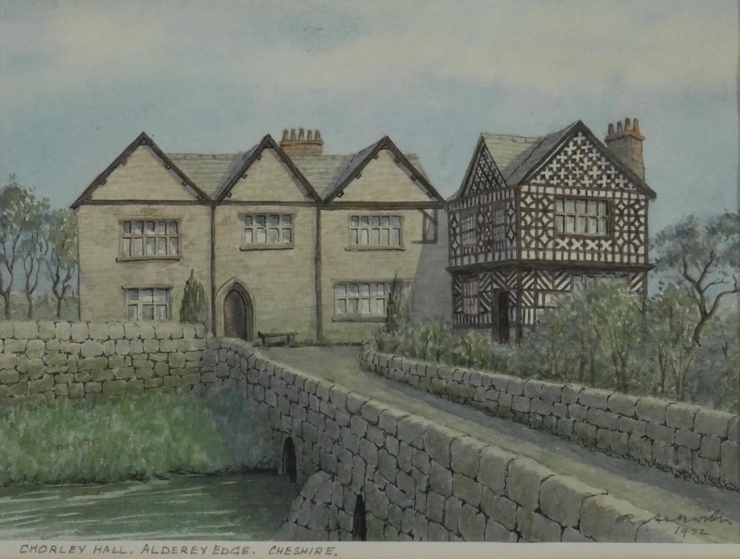 Three framed and glazed watercolors of houses. One of Chorley Hall, Alderley Edge, indistinctly - Image 3 of 5