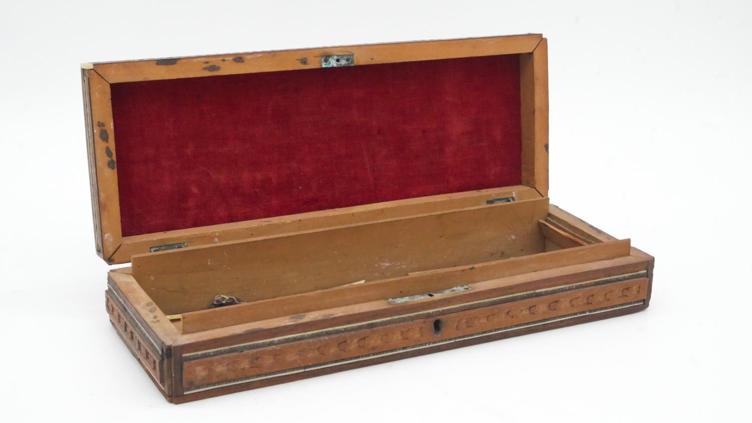 A 19th century walnut Tunbridge inlaid jewellery box and two Damascus style inlaid pen boxes. L.28cm - Image 2 of 8