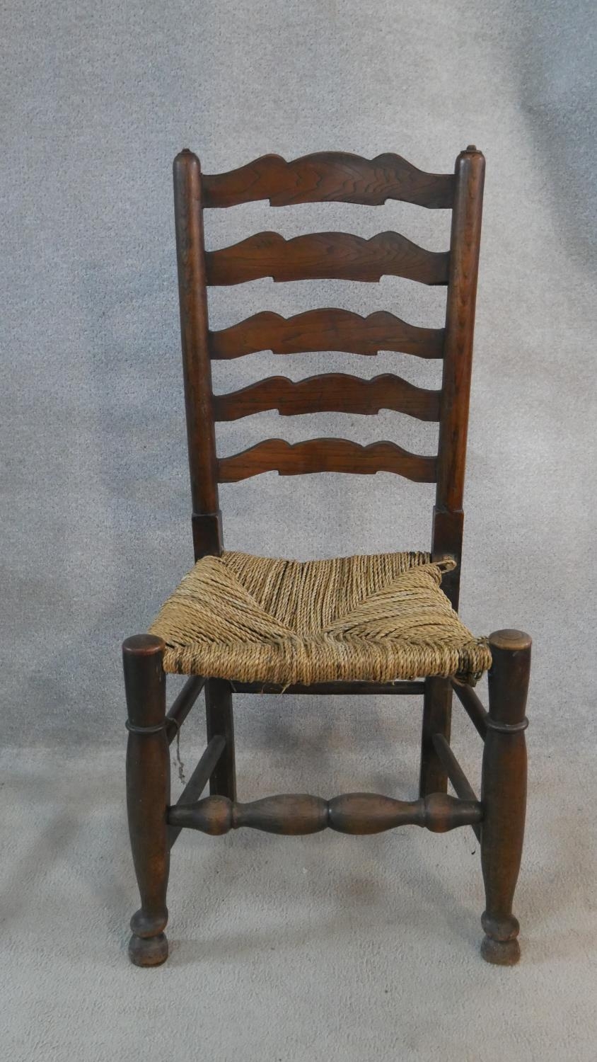 A matched set of six 19th century elm Lancashire ladderback dining chairs on turned stretchered - Image 2 of 10