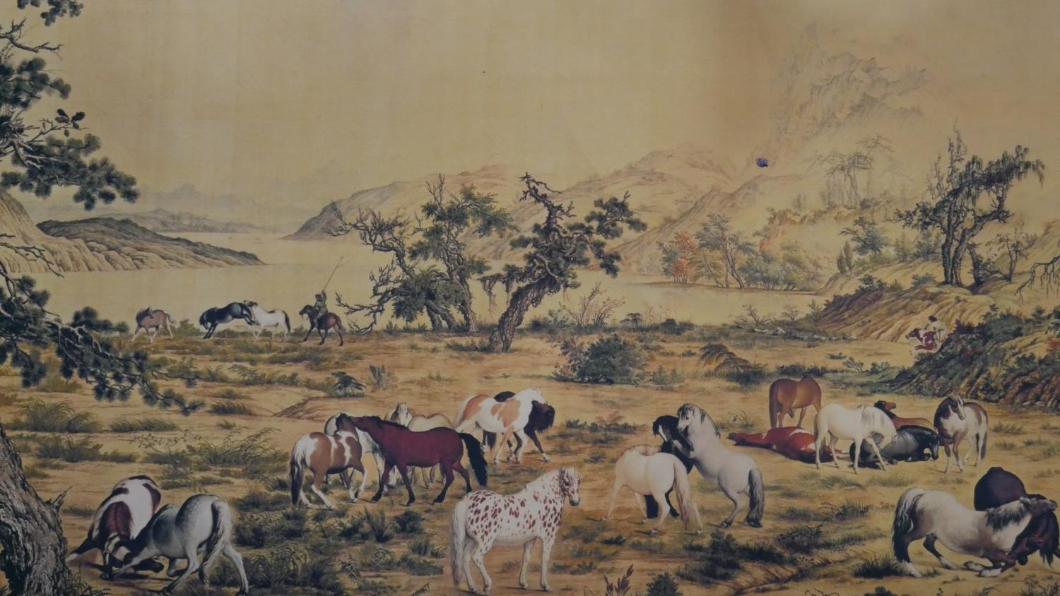 A printed Chinese scroll of a landscape with horses. L.264 W.34cm - Image 7 of 12