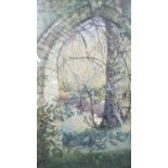 A framed and glazed lithograph of a garden with stone archway. Signed. (Mount slipped, signature