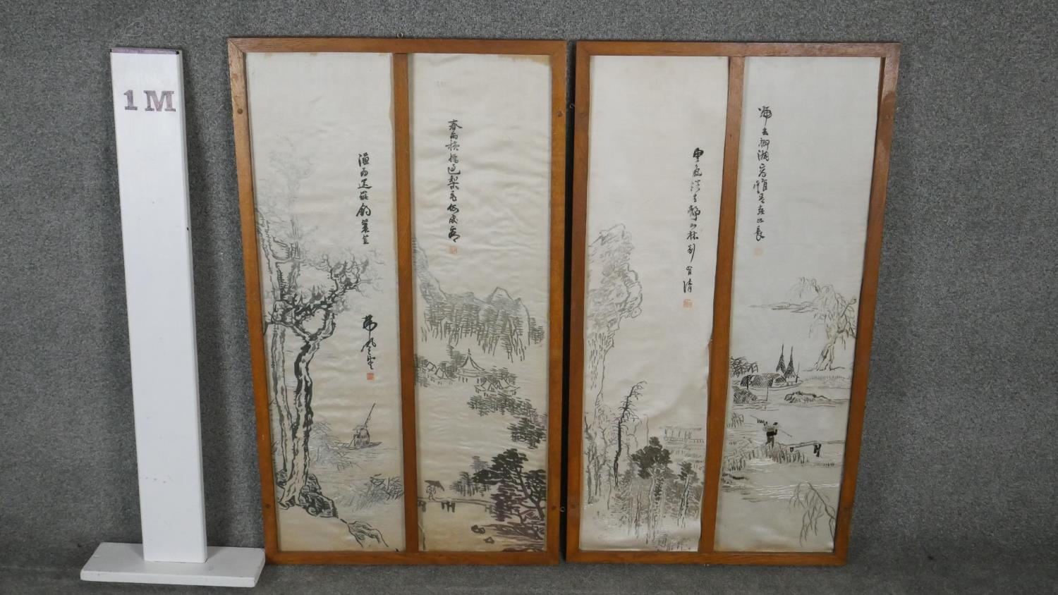 Two pairs of framed and glazed Meji period Japanese silk embroidery panels depicting a mountain - Image 14 of 14