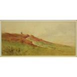 A framed and glazed watercolour, hilly landscape with a windmill in the distance, signed Bowers. H.