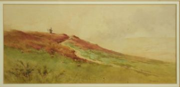 A framed and glazed watercolour, hilly landscape with a windmill in the distance, signed Bowers. H.