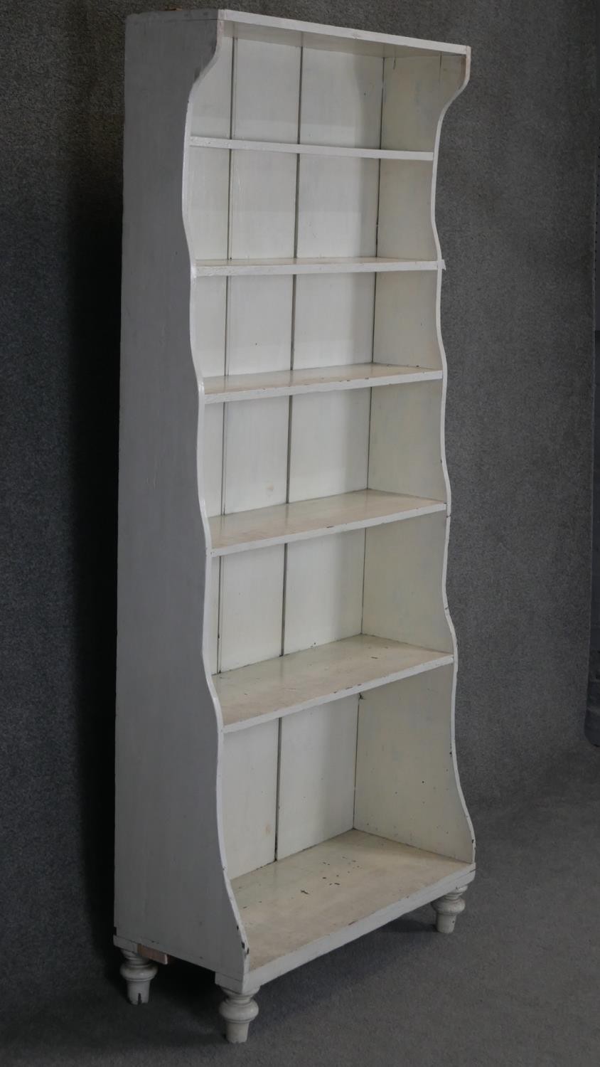 A 19th century painted floor standing waterfall open bookcase on turned supports. H186 W77 D33cm - Image 3 of 3