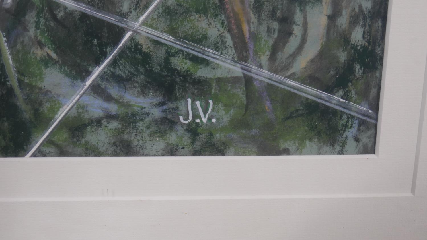 A framed and glazed pastel, Cottage Garden, monogrammed JV with label to the reverse. H.75 W.57cm - Image 3 of 6