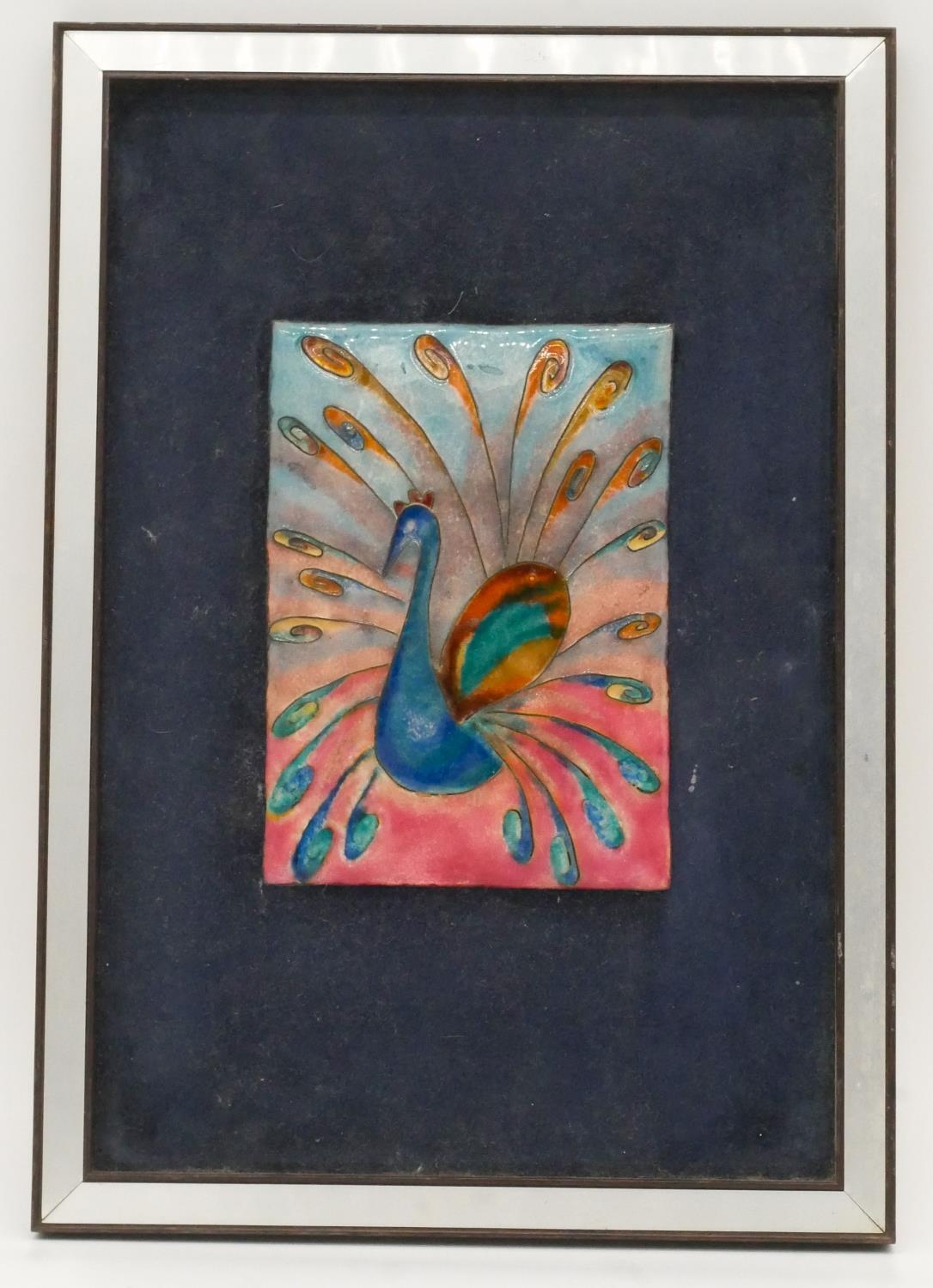 A framed and glazed enamel artwork of a peacock, unsigned and a framed and a glazed ceramic - Image 3 of 9