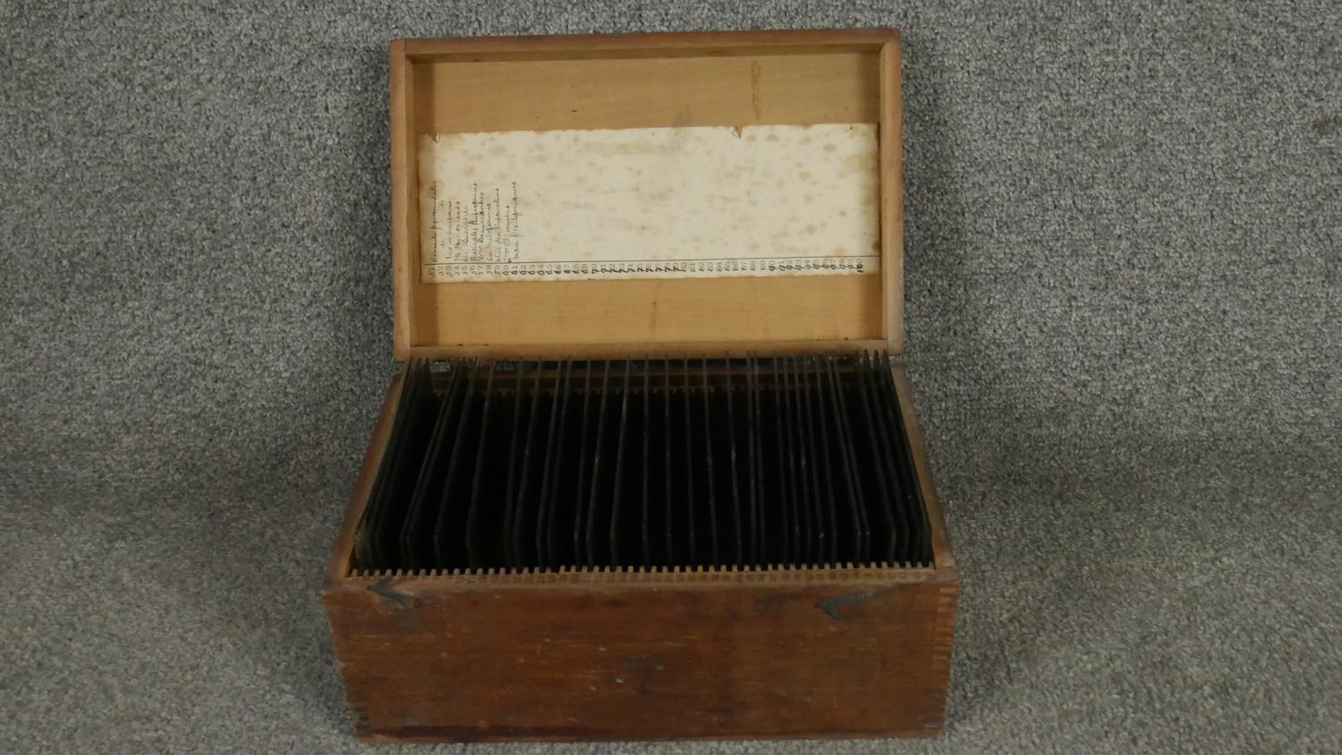 Five wooden boxes of Victorian glass projector slides. Each box with a hand written description of - Image 5 of 7