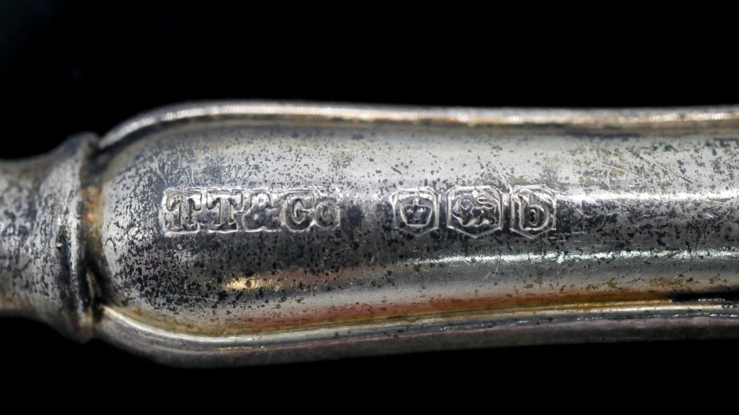 A lime green lined roll containing twelve Edwardian silver handled butter knives, silver plated - Image 4 of 6