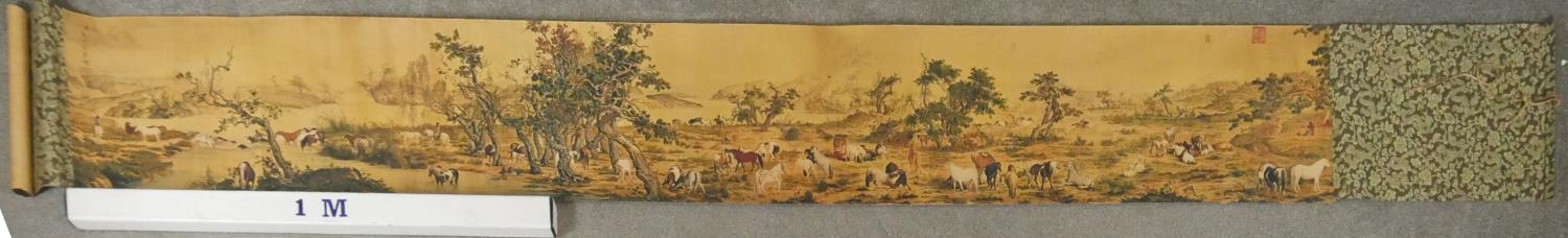 A printed Chinese scroll of a landscape with horses. L.264 W.34cm - Image 12 of 12