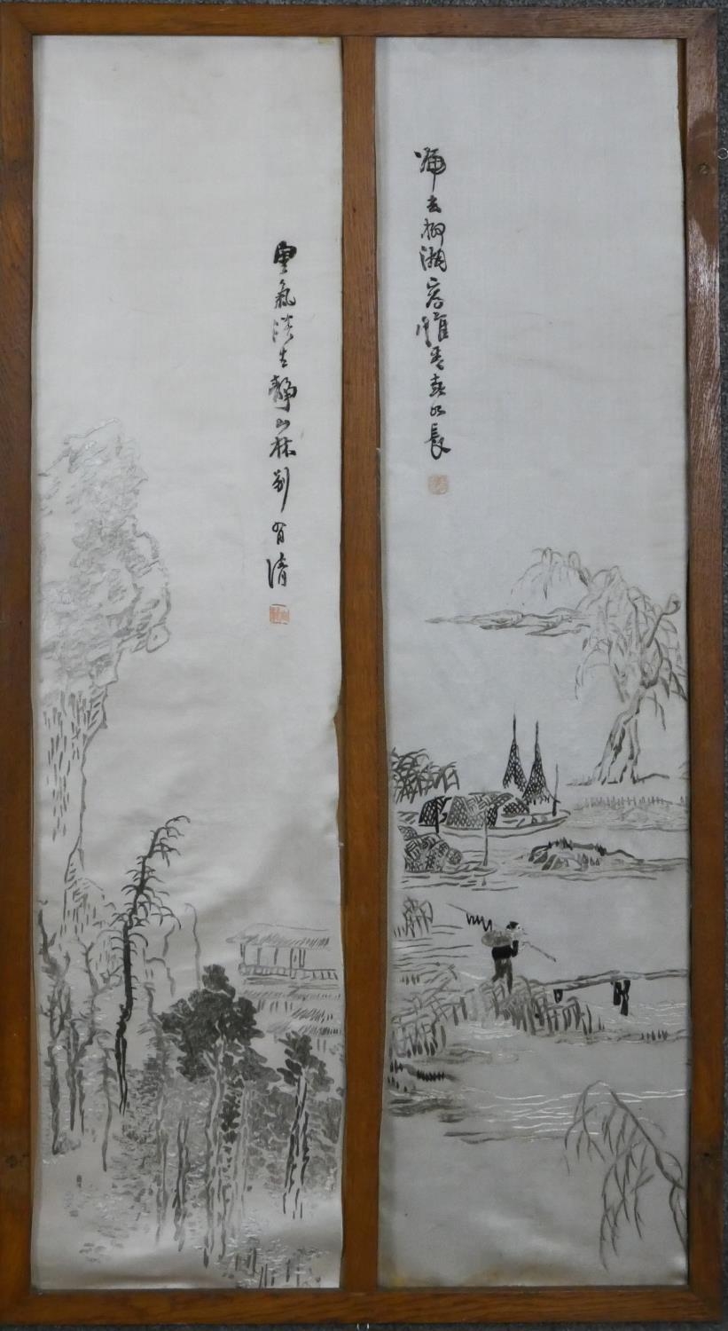 Two pairs of framed and glazed Meji period Japanese silk embroidery panels depicting a mountain - Image 8 of 14