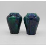 A pair of vintage Podmore and Sons Ltd fritz oil slick blue and green glazed ceramic vases. Makers