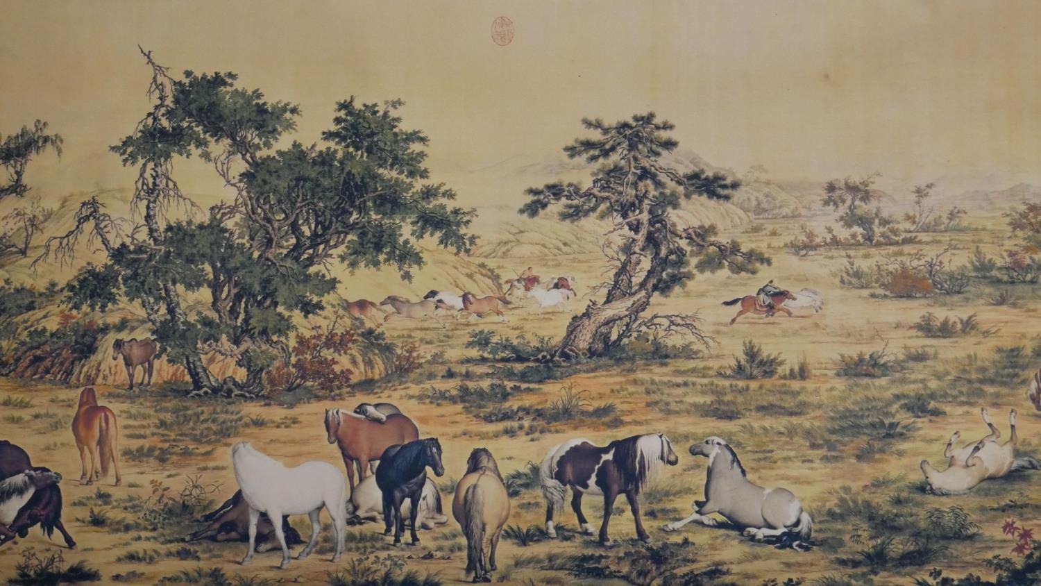 A printed Chinese scroll of a landscape with horses. L.264 W.34cm - Image 8 of 12