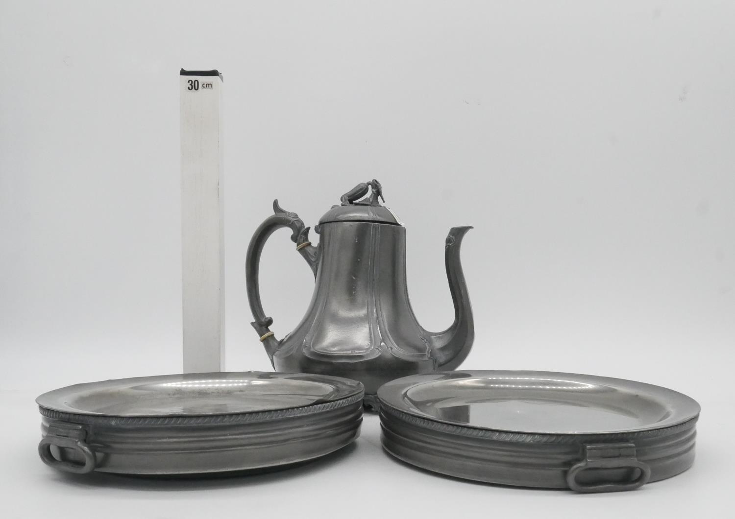 A 19th century pewter Shaw & Fisher gourd teapot with two pewter twin handled warming dishes by - Image 2 of 9