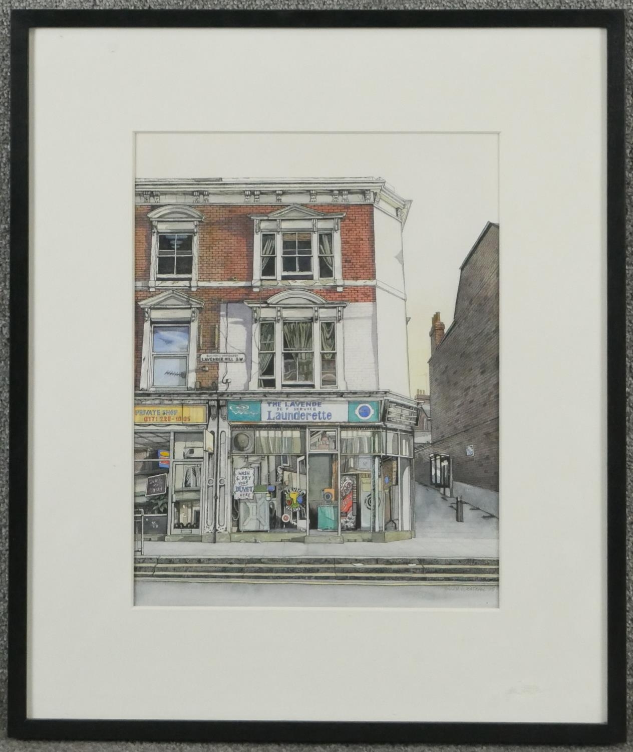 David Western (B.1959) A framed and glazed watercolour and ink on paper of Launderette, Lavender - Image 2 of 4