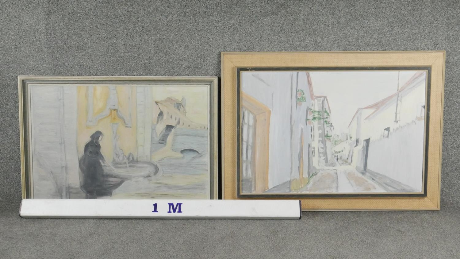 Two framed oils on board, The Street and The Fountain by Elizabeth Darrah, artist's labels to the - Image 7 of 7