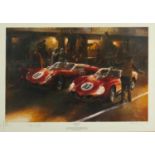 Ferrari Duel by Alan Fearnley- A framed and glazed signed print. 279/500. H.60 W.77cm