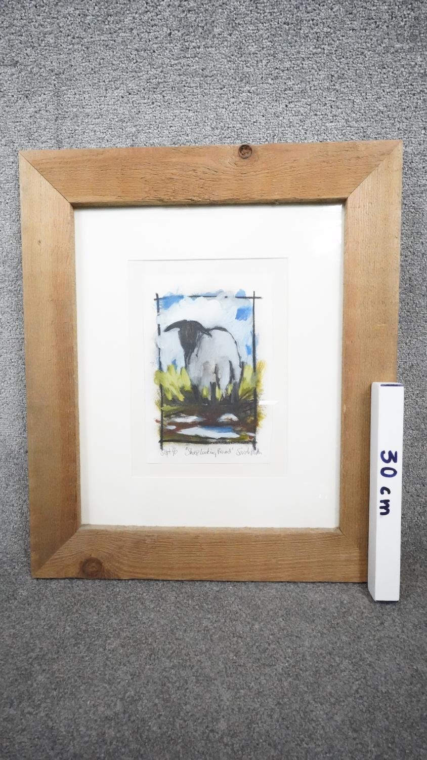 Sarah Hutton, a framed and glazed watercolour and oil on paper. Titled 'Sheep looking round', - Image 5 of 5