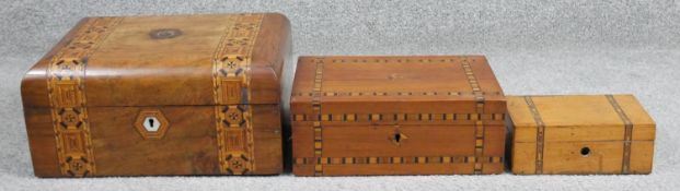 Three various 19th century Tunbridge inlaid hinged lidded walnut boxes.