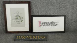 Two framed and glazed calligraphic artworks along with slate carved sign with gilded lettering. Sign