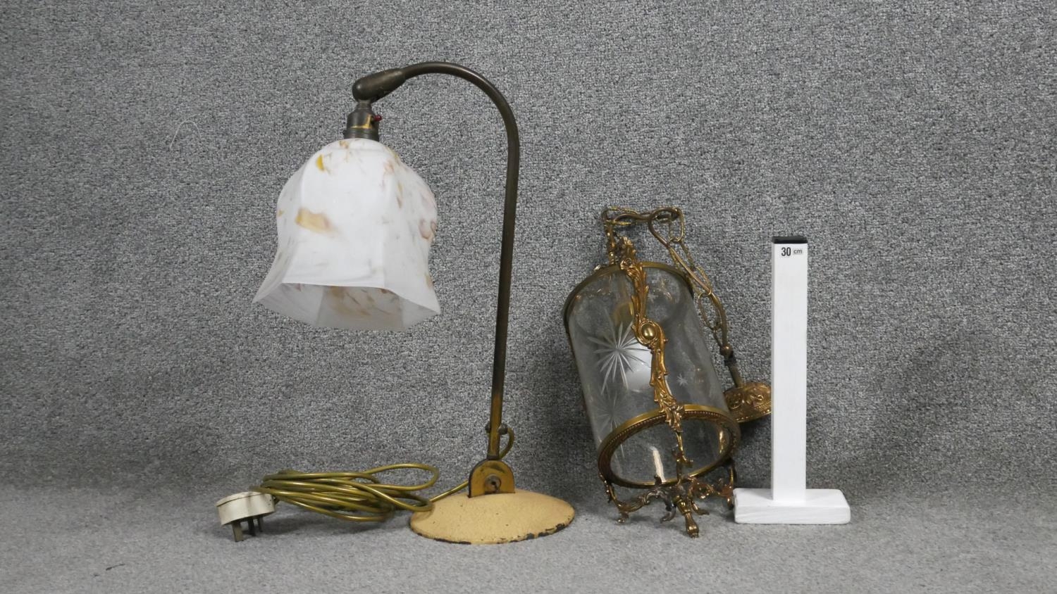 A victorian style brass and engraved glass ceiling lantern along with a vintage enamel desk lamp - Image 4 of 4