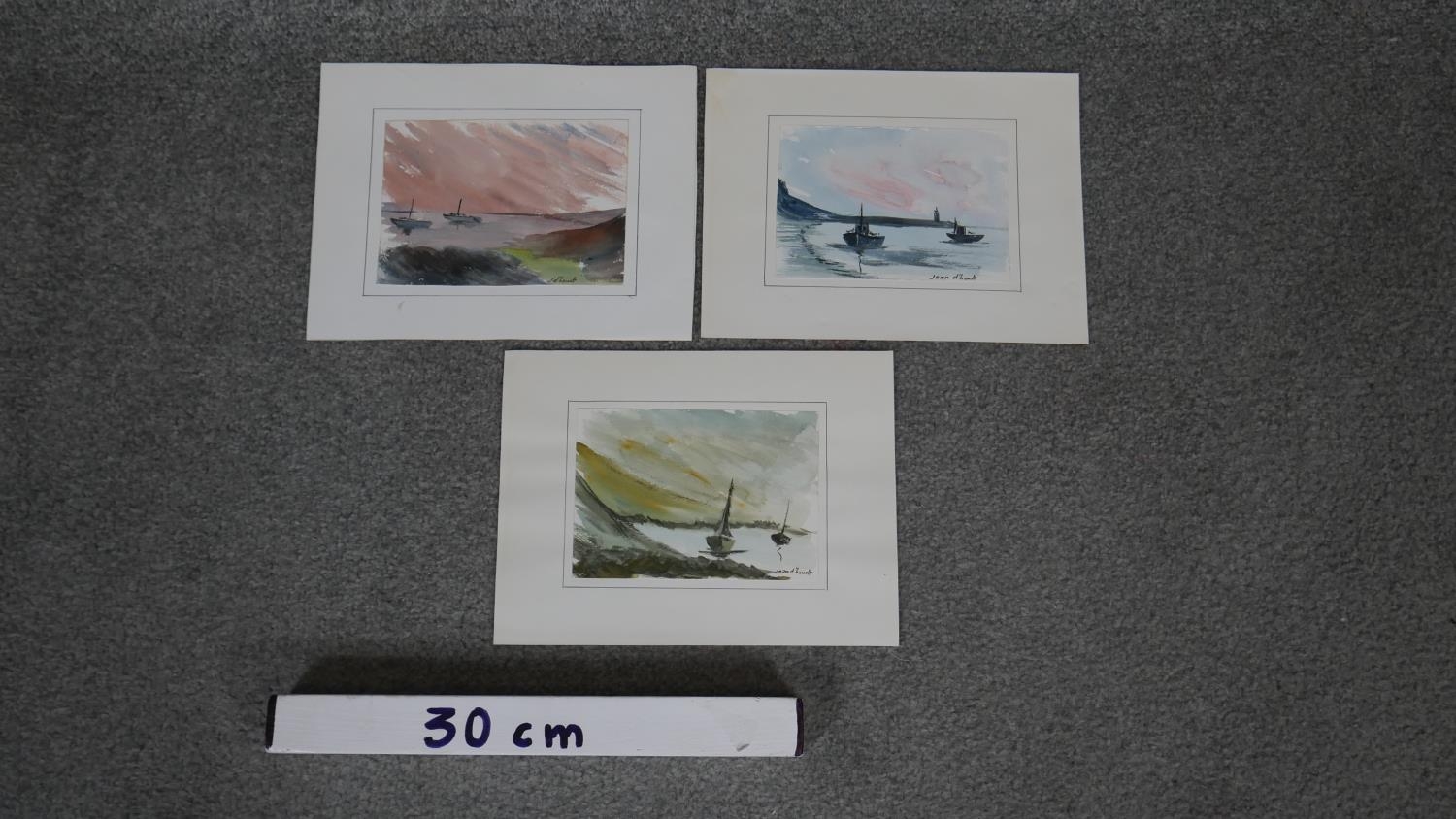 Jean D'hondt (1930-) Three unframed watercolours of landscapes with sailing boats. Signed by artist.