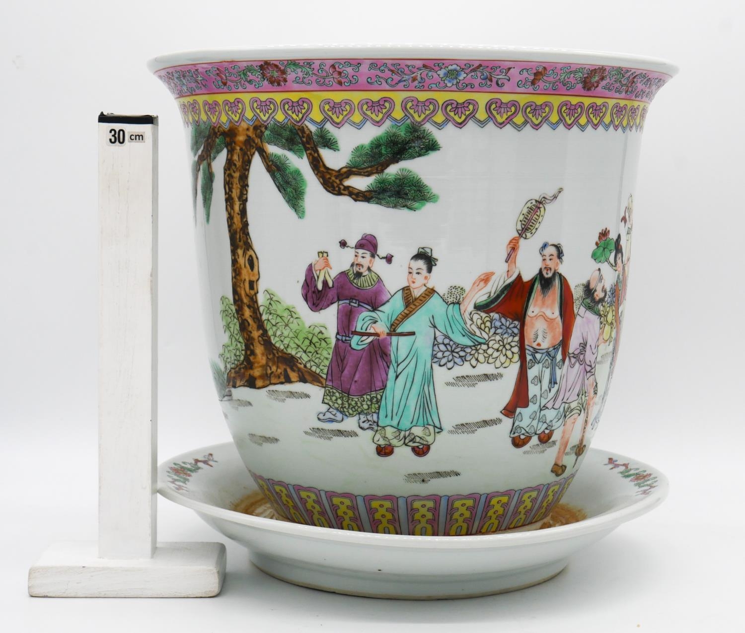 An early 20th century Chinese Famille Rose hand painted porcelain jardinere with dish. Decorated - Image 6 of 6