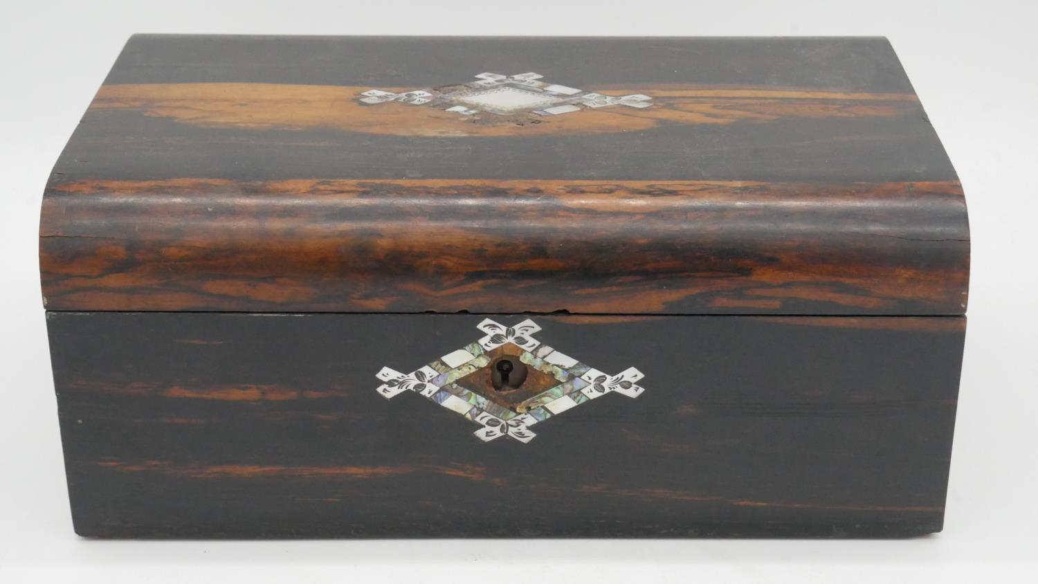 A 19th century coromandel writing slope with mother of pearl inlay. H.15cm (interior missing).